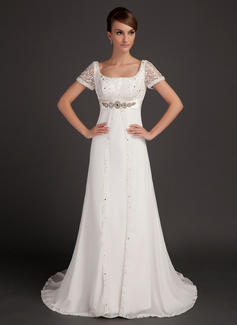 A-Line/Princess Scoop Neck Court Train Chiffon Satin Wedding Dress With Lace Beadwork (002015553)