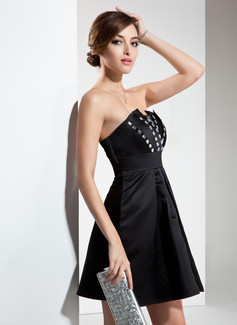 A-Line/Princess Scalloped Neck Short/Mini Satin Cocktail Dress With Ruffle Beading (016008657)