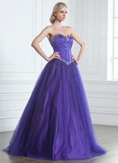 Ball-Gown Sweetheart Floor-Length Satin Tulle Quinceanera Dress With Beading (021020889)