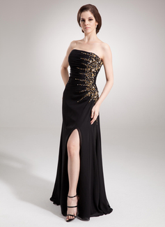 Sheath Strapless Floor-Length Chiffon Evening Dress With Ruffle Beading (017016336)