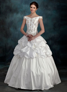 Ball-Gown Off-the-Shoulder Floor-Length Taffeta Wedding Dress With Beadwork Flower(s) (002012128)