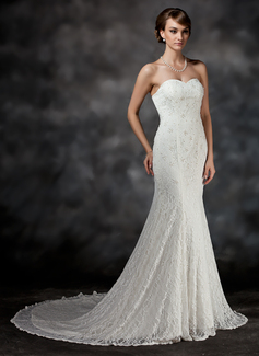 Mermaid Sweetheart Chapel Train Satin Lace Wedding Dress With Beadwork (002017421)