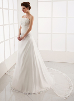 A-Line/Princess Strapless Watteau Train Organza Wedding Dress With Ruffle Lace Beadwork (002001305)