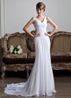 Sheath/Column V-neck Court Train Chiffon Wedding Dress With Ruffle (002011736)