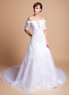 A-Line/Princess Off-the-Shoulder Court Train Organza Satin Wedding Dress With Lace Beadwork (002011512)