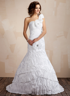 Mermaid One-Shoulder Sweep Train Taffeta Wedding Dress With Ruffle Beadwork Flower(s) (002021814)