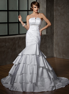 Mermaid Scalloped Neck Court Train Satin Wedding Dress With Ruffle Beadwork (002012158)