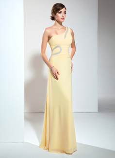 A-Line/Princess One-Shoulder Court Train Chiffon Evening Dress With Ruffle Beading (017002610)