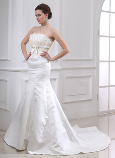 Mermaid Scalloped Neck Chapel Train Satin Wedding Dress With Embroidery Beadwork (002000079)