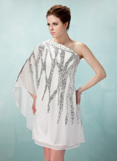 Sheath One-Shoulder Knee-Length Chiffon Cocktail Dress With Beading Sequins (016008331)
