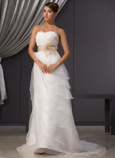 A-Line/Princess Sweetheart Court Train Organza Satin Wedding Dress With Ruffle Sashes Beadwork Flower(s) (002014482)