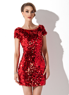 Sheath Scoop Neck Short/Mini Sequined Cocktail Dress (016008376)