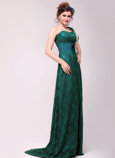 A-Line/Princess One-Shoulder Sweep Train Chiffon Charmeuse Lace Evening Dress With Beading (017014017)