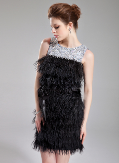 Sheath Scoop Neck Short/Mini Charmeuse Feather Cocktail Dress With Sash Beading Sequins (016008551)