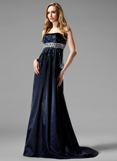 Empire Strapless Sweep Train Charmeuse Evening Dress With Beading (017004366)