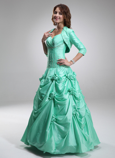 Ball-Gown Sweetheart Floor-Length Taffeta Quinceanera Dress With Ruffle Beading Flower(s) (021002859)