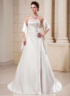 A-Line/Princess Strapless Court Train Satin Wedding Dress With Ruffle Beadwork (002000560)