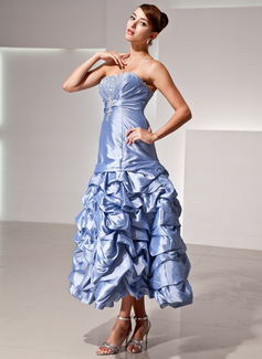 A-Line/Princess Strapless Ankle-Length Taffeta Prom Dress With Ruffle Beading Sequins (018014425)