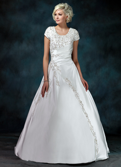 Ball-Gown Scoop Neck Court Train Satin Wedding Dress With Ruffle Beadwork Sequins (002011976)