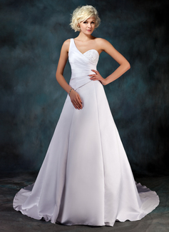 A-Line/Princess One-Shoulder Court Train Satin Wedding Dress With Ruffle Beadwork Sequins (002001181)
