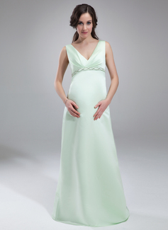 Empire V-neck Floor-Length Satin Maternity Bridesmaid Dress With Ruffle Beading (045020325)