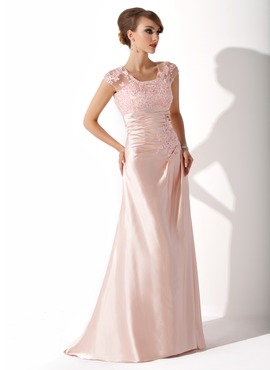 Sheath Scoop Neck Sweep Train Charmeuse Lace Mother of the Bride Dress With Ruffle (008005616)