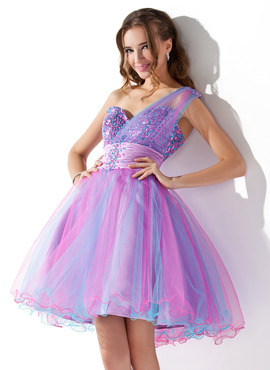 A-Line/Princess One-Shoulder Short/Mini Tulle Homecoming Dress With Ruffle Beading Sequins (022020910)