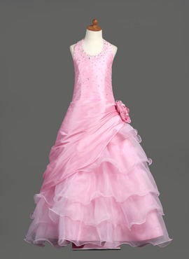 A-Line/Princess Scoop Neck Floor-Length Taffeta Organza Flower Girl Dress With Ruffle Beading Flower(s) Sequins (010005778)