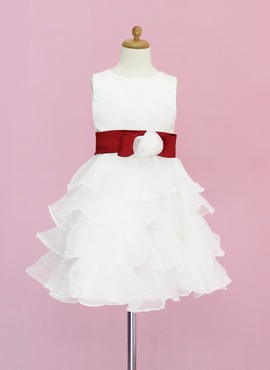 A-Line/Princess Scoop Neck Knee-Length Organza Satin Flower Girl Dress With Sash Flower(s) (010005330)