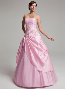 A-Line/Princess Strapless Floor-Length Taffeta Tulle Quinceanera Dress With Ruffle Lace Beading (021020768)