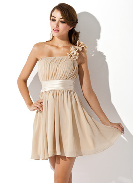 A-Line/Princess One-Shoulder Short/Mini Chiffon Charmeuse Homecoming Dress With Sash Flower(s) (022007272)