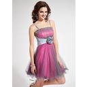 Ligne-A/Princesse Court/Mini Taffetas Tulle Robe de soirée Alumnis avec Dentelle Perles Fleurs Sequins (022010074)