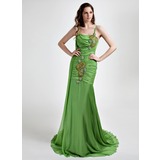 Mermaid Cowl Neck Court Train Chiffon Prom Dress With Ruffle Beading (018015804)
