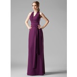 Sheath V-neck Floor-Length Chiffon Bridesmaid Dress With Ruffle (007004172)