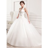 Ball-Gown Halter Sweep Train Satin Tulle Wedding Dress With Ruffle Lace Flower(s) (002012183)