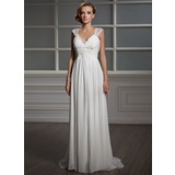 Empire V-neck Sweep Train Chiffon Tulle Wedding Dress With Ruffle Lace Beadwork (002006371)