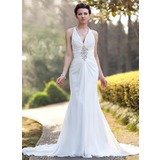 Sheath/Column V-neck Chapel Train Chiffon Wedding Dress With Ruffle Beadwork Sequins (002005012)