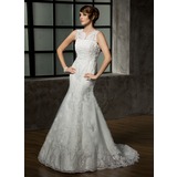 Mermaid V-neck Court Train Satin Tulle Wedding Dress With Lace Beadwork (002011589)