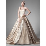Ball-Gown One-Shoulder Chapel Train Satin Lace Wedding Dress With Ruffle Beadwork Flower(s) (002004515)