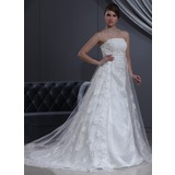 Empire Strapless Court Train Tulle Charmeuse Wedding Dress With Lace Beadwork (002000267)