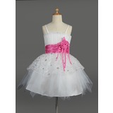 Empire Scalloped Neck Short/Mini Tulle Charmeuse Flower Girl Dress With Ruffle Sash Flower(s) Sequins (010014602)