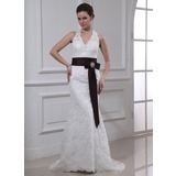 Sheath/Column Halter Sweep Train Satin Lace Wedding Dress With Sashes Crystal Brooch (002000430)