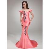 Mermaid Off-the-Shoulder Court Train Satin Prom Dress With Beading Appliques (018018817)