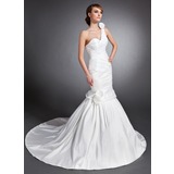 Mermaid Sweetheart One-Shoulder Chapel Train Taffeta Wedding Dress With Ruffle Flower(s) (002015132)