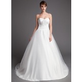 Ball-Gown Sweetheart Chapel Train Satin Tulle Wedding Dress With Ruffle Flower(s) (002001176)
