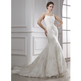 Mermaid Chapel Train Satin Tulle Wedding Dress With Lace (002015470)