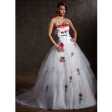 Ball-Gown Sweetheart Court Train Satin Tulle Wedding Dress With Appliques (002011386)