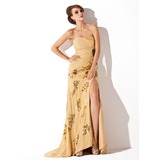 Sheath Sweetheart Sweep Train Chiffon Prom Dress With Ruffle Beading Appliques (018013894)