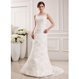 Mermaid Scoop Neck Sweep Train Satin Lace Wedding Dress (002019532)