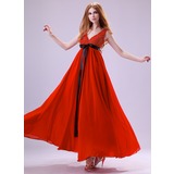 Empire V-neck Ankle-Length Chiffon Charmeuse Prom Dress With Ruffle Sash Beading Sequins (018021124)